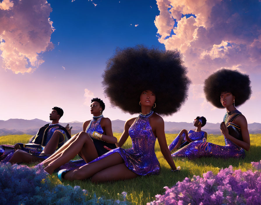 Five individuals with afro hairstyles in purple outfits lounging in a blooming field at sunset