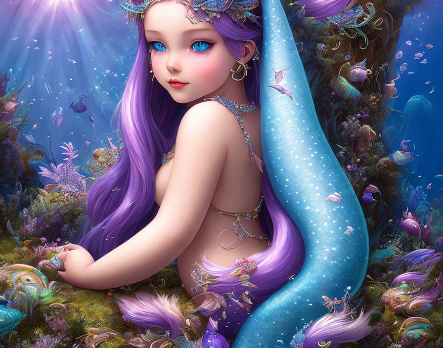 Colorful Mermaid Illustration with Purple Hair and Blue Tail in Underwater Scene