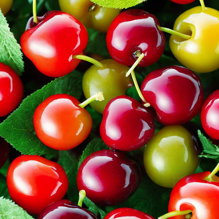 Vibrant Fresh Cherries Close-Up with Reds, Yellows, and Greens
