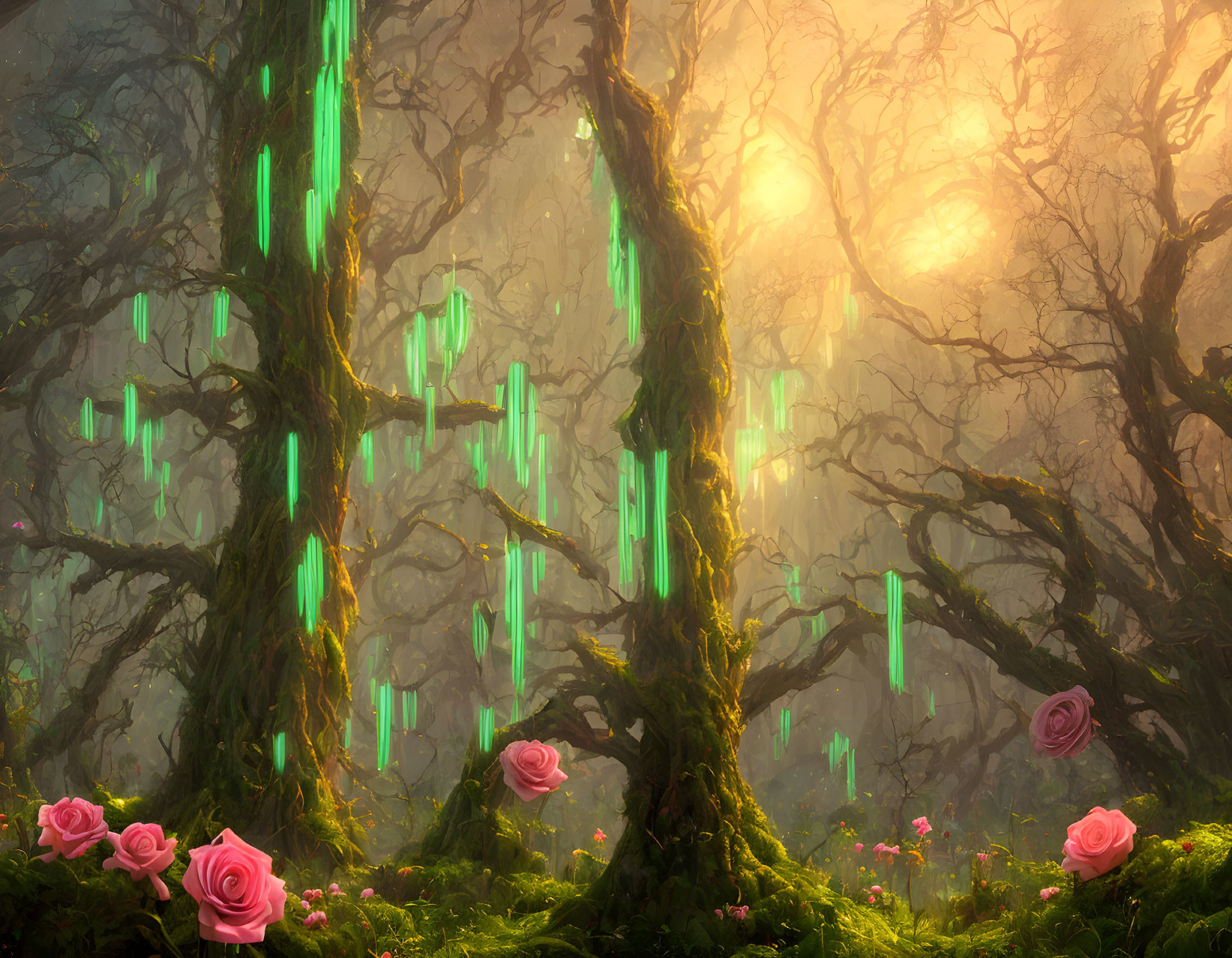 Mystical forest with green crystals, intertwined trees, and pink roses.