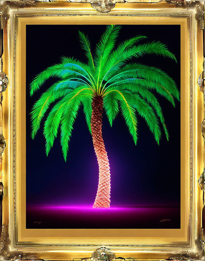 Vibrant illuminated palm tree in golden frame on dark background