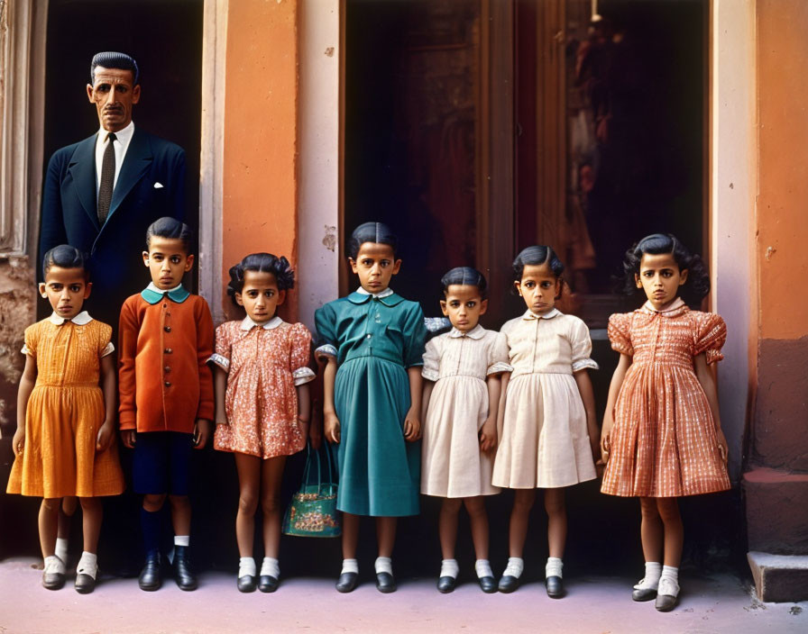 Formal portrait of man and six children against orange wall