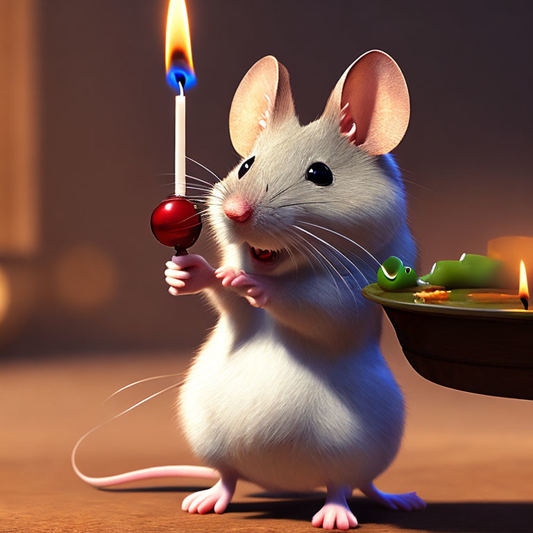 Cartoon mouse with lit matchstick and cherry by fruit bowl