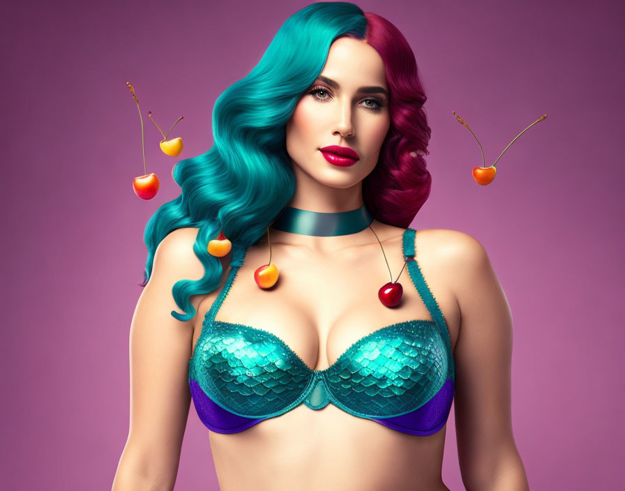 Woman with Turquoise and Red Hair in Mermaid Scale Bra with Cherries