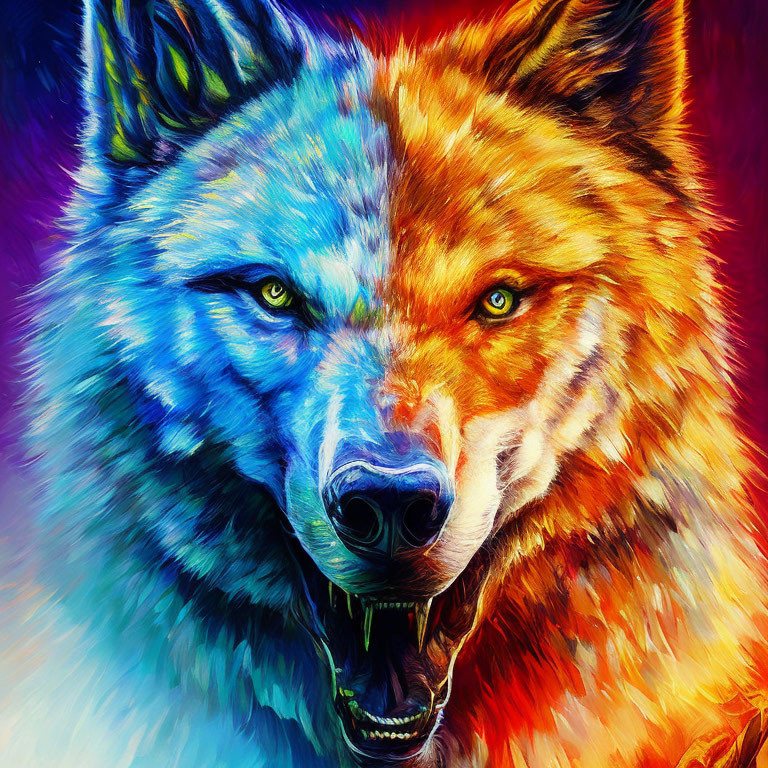 Colorful Wolf Painting with Intense Gaze in Warm and Cool Tones