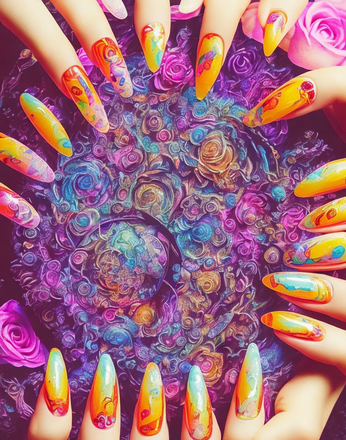 Vividly colored stiletto nails with floral designs and psychedelic art