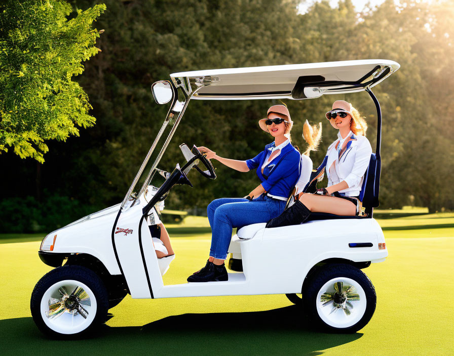 Two women in sunglasses and visors on a white golf cart on a green course.