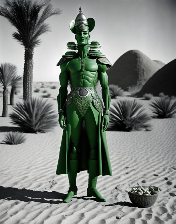Elaborate Green Armor Figure in Desert Setting