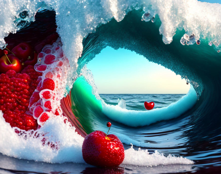 Ocean Wave Tunnel with Floating Cherries and Raspberries