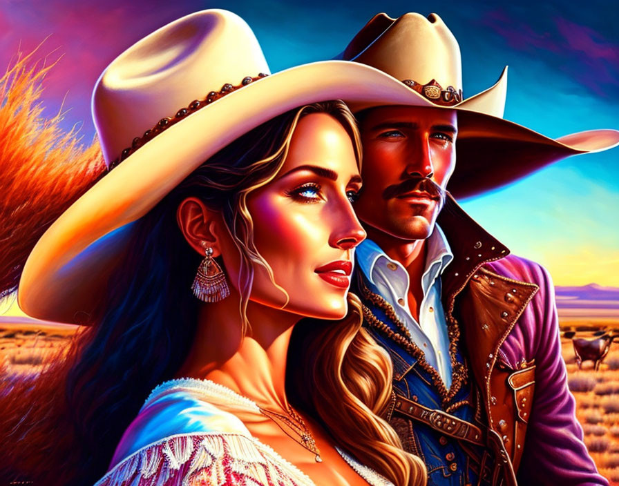 Vibrant Western-themed sunset illustration with man and woman in cowboy attire