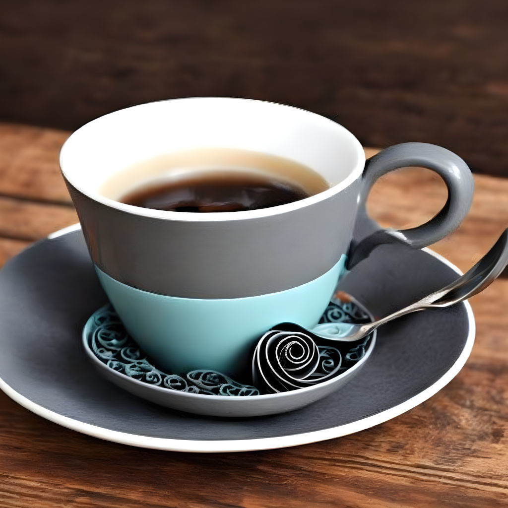 Coffee Cup with Decorative Spoon on Wooden Saucer