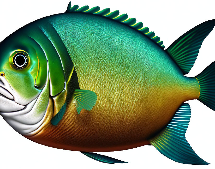 Vibrant fish illustration with large eye, green-yellow body, and blue-striped fins.