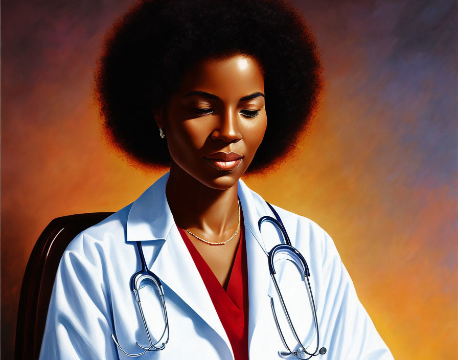 Serene woman with afro in lab coat and stethoscope on orange backdrop