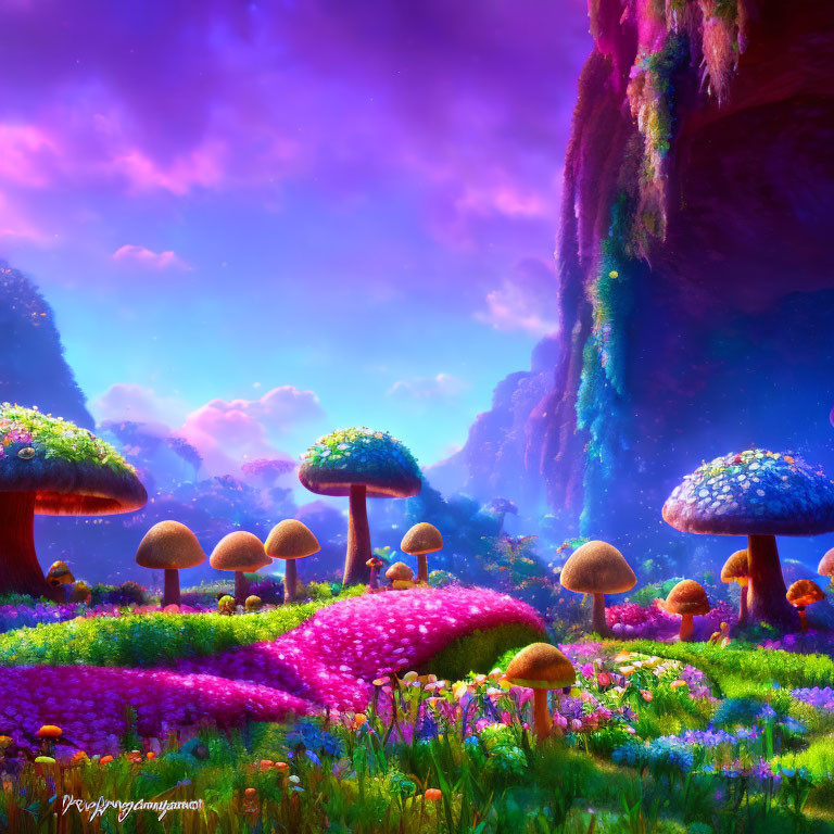 Colorful Fantasy Landscape with Oversized Mushrooms and Purple Sky