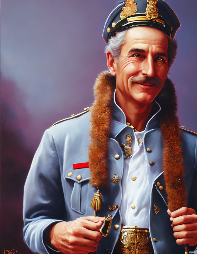 Portrait of Smiling Man in Ornate Military Uniform with Cigar