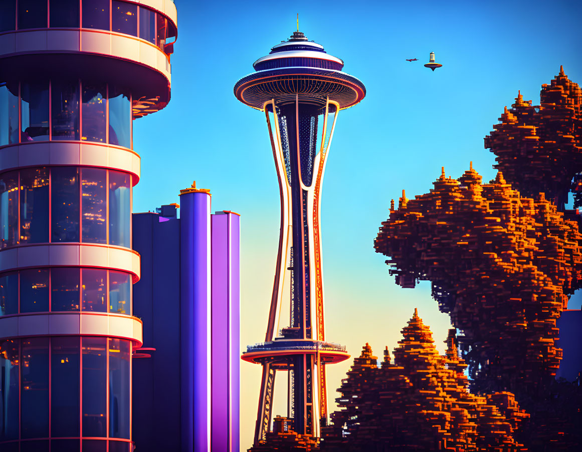 Iconic Space Needle and cityscape at sunset with drones in the sky