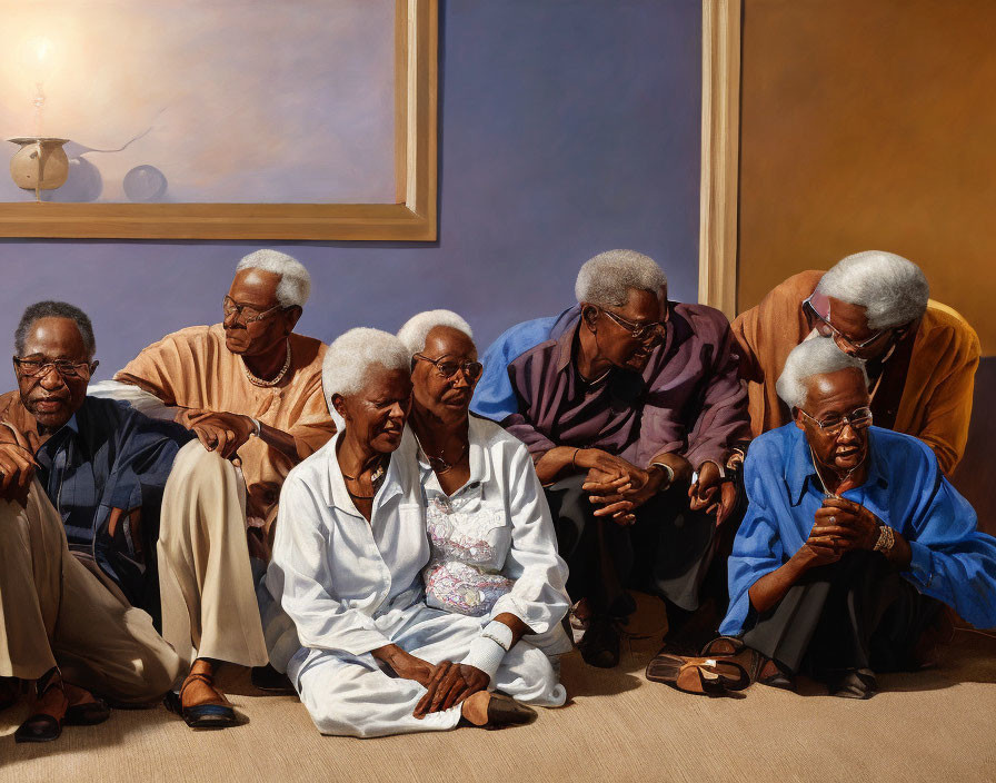 Group of seven elderly individuals with various expressions in indoor setting