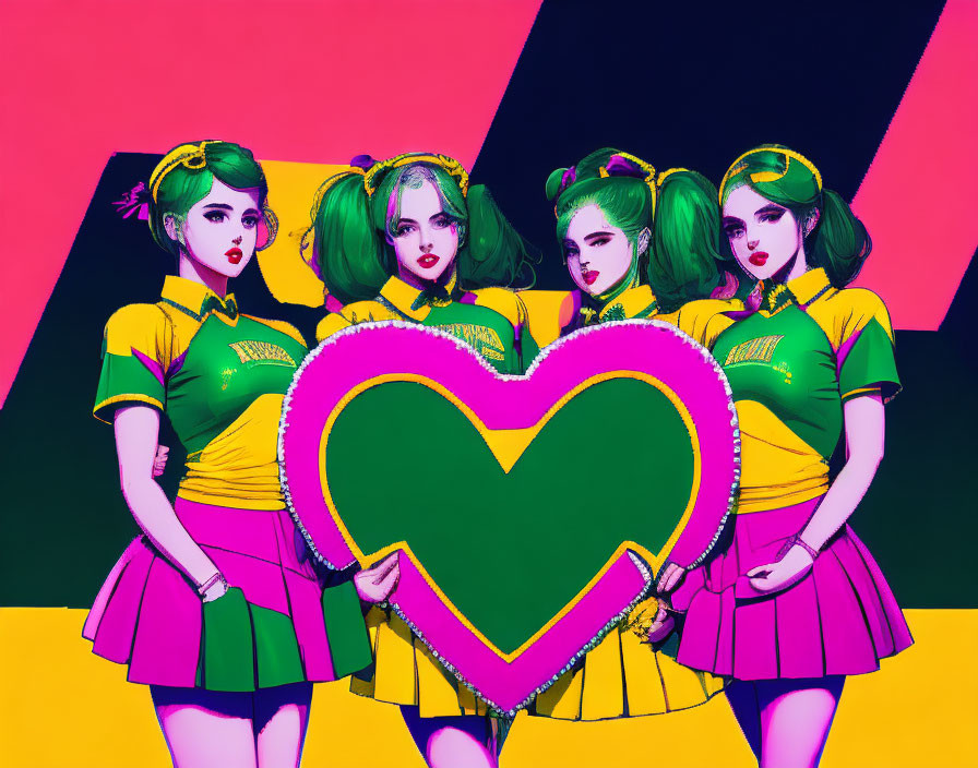Stylized women with green hair holding heart on neon background