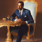 Portrait of a distinguished man with martini glass and sculpture at golden table