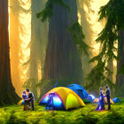 Colorful tent in vibrant fantasy forest with towering trees and mysterious illuminated objects - magical camping scene