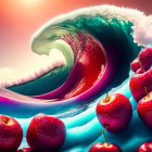 Colorful cherries in foreground with massive wave and vivid sky