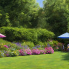 Tranquil garden scene with lush greenery and parasols.