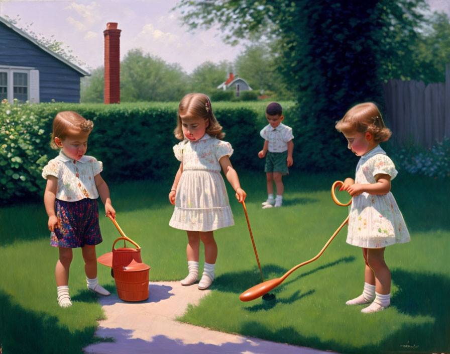 Children playing with jump rope and bucket in sunny suburban backyard