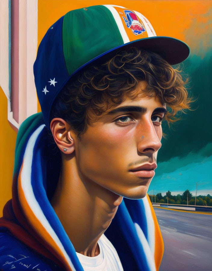 Young Person with Curly Hair in Cap and Jacket Against Suburban Landscape