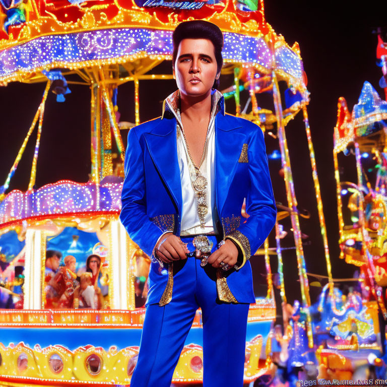 Elvis Presley wax figure in blue jumpsuit by carousel at night