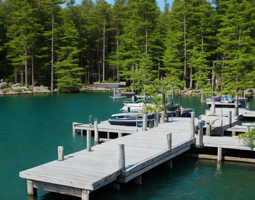 Tranquil lake scene with wooden docks, boats, lush trees