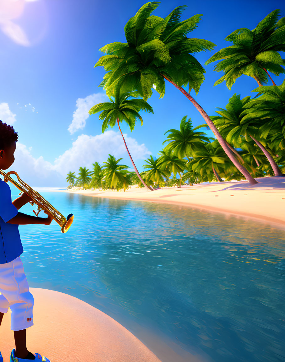 Boy playing trumpet on sunny tropical beach with palm trees