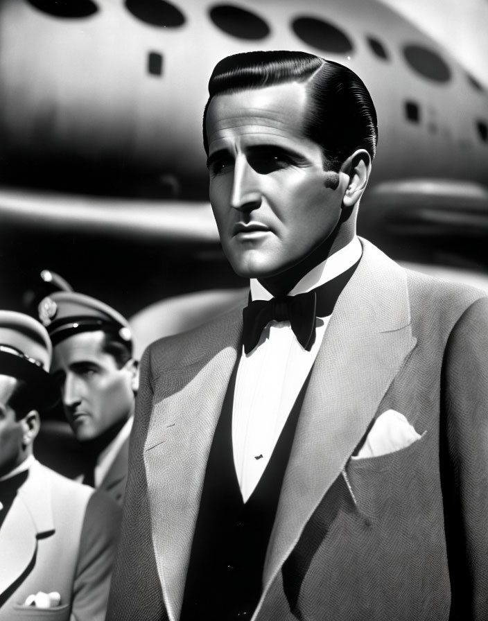 Monochrome photo of suave man in tuxedo with bow tie by airplane and men in uniform