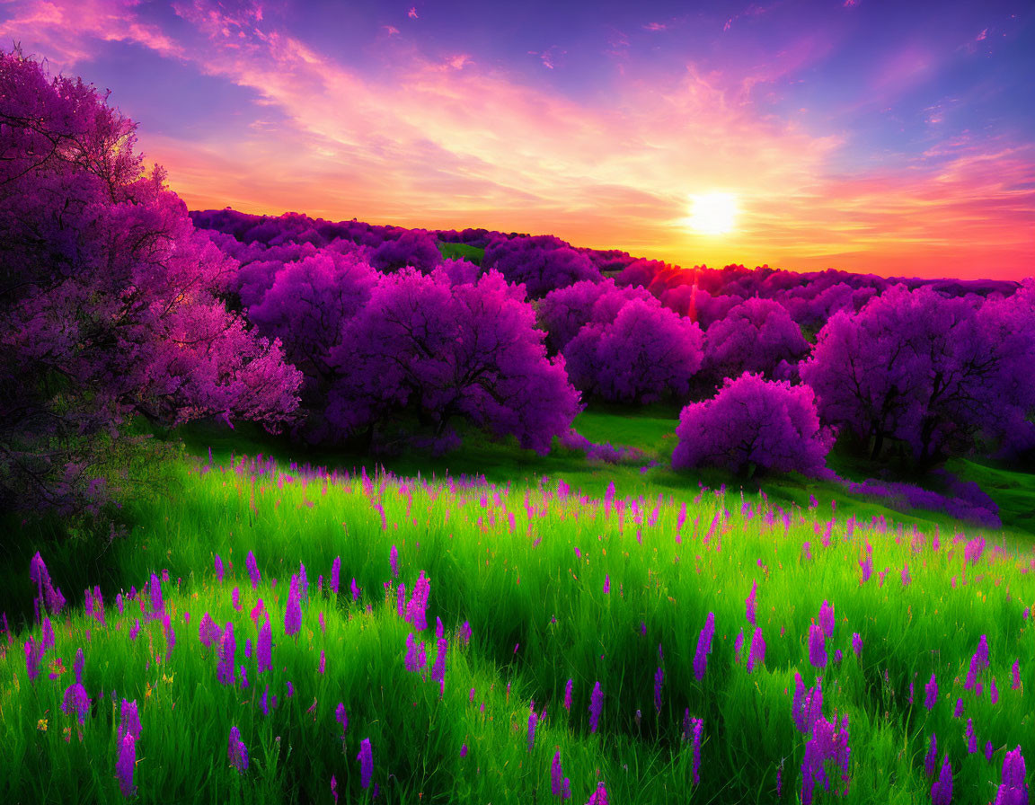 Vibrant sunset with purple and pink skies over green grass and blooming trees