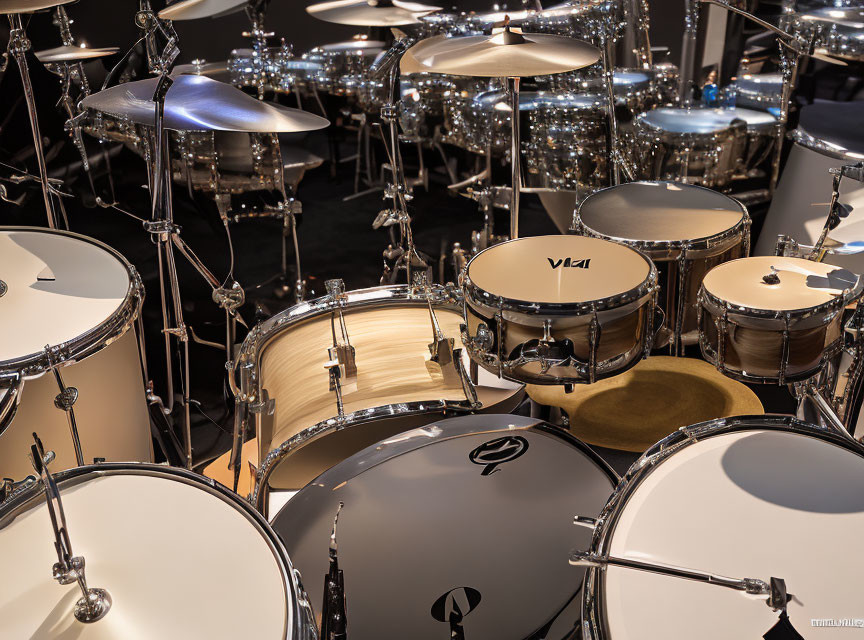 Detailed close-up of drum set components on dark background