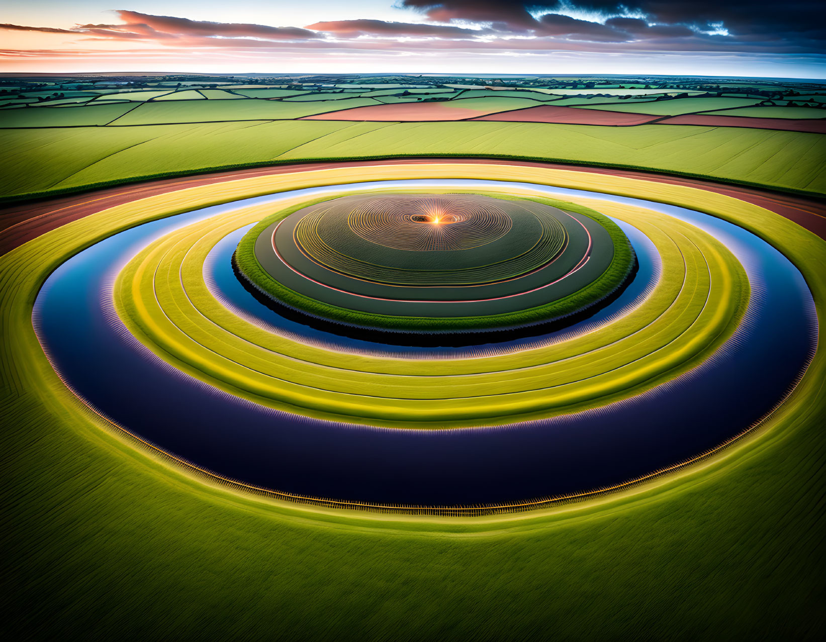 Circular Farmland with Center Pivot Irrigation System at Dusk