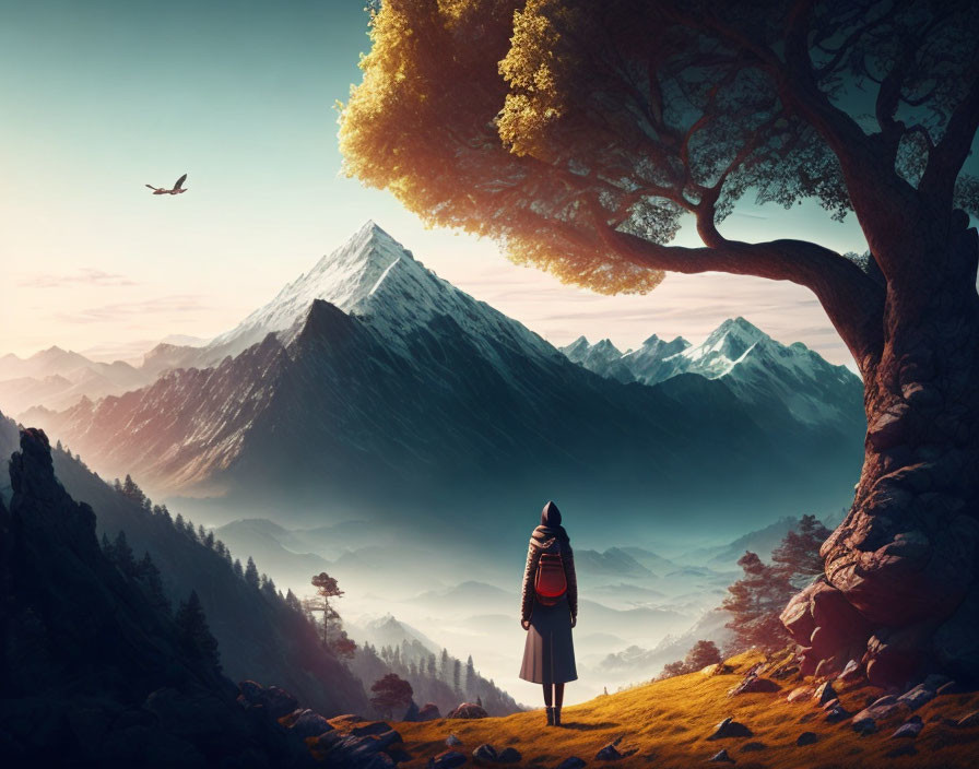 Person admiring snow-capped mountains under tree with sunrise and bird