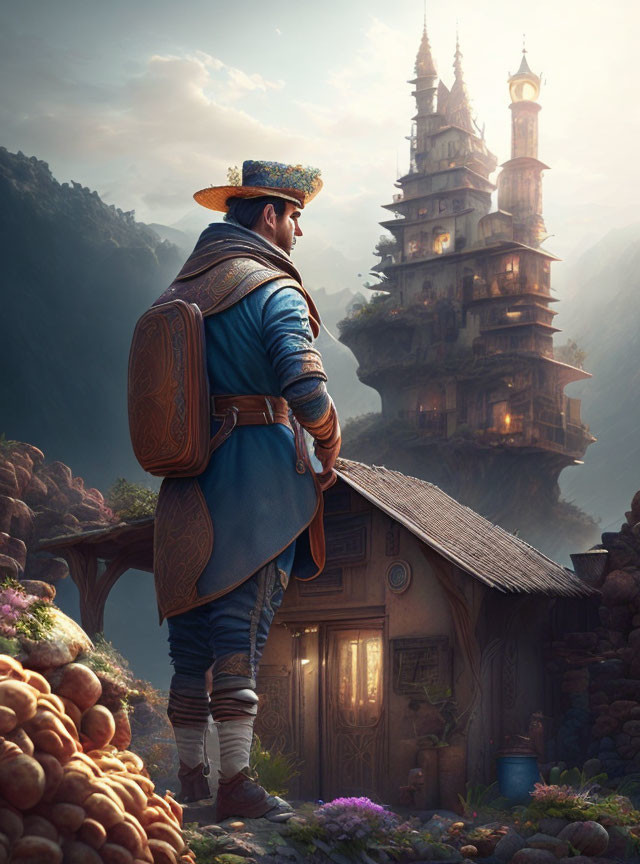 Traveler in Blue Coat Gazes at Fantasy Castle from Cottage