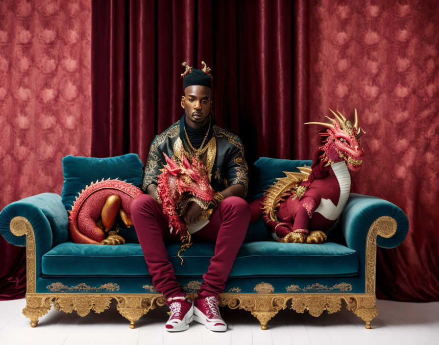 Regal man on luxurious couch with dragon models and red curtains