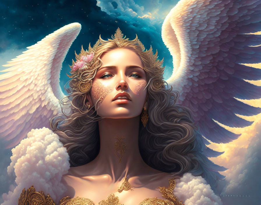 Golden-winged angel in serene celestial scene