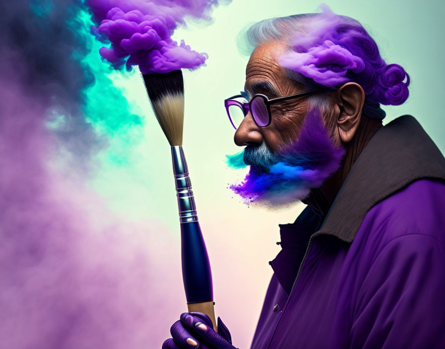 Elderly artist with glasses and beard painting with large brush