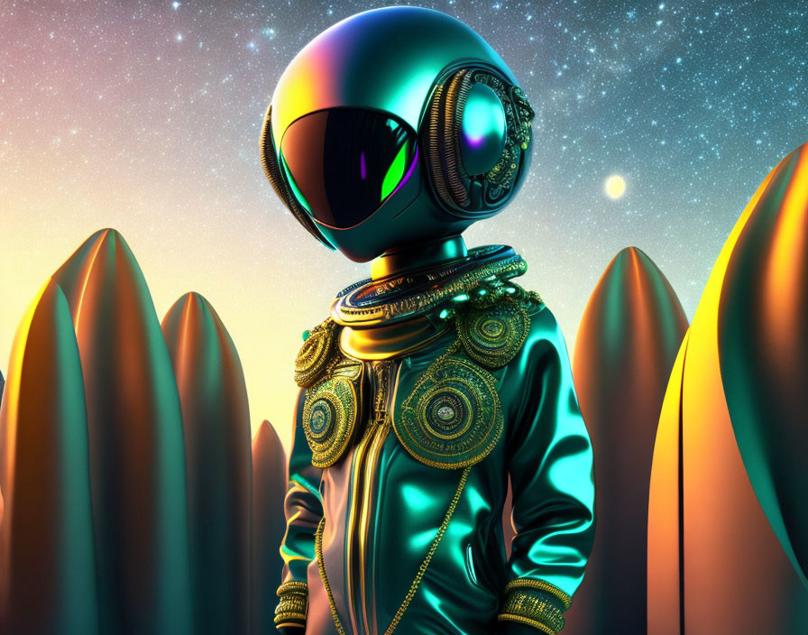 Colorful futuristic astronaut with reflective helmet and ornate suit in front of stylized hills under starry