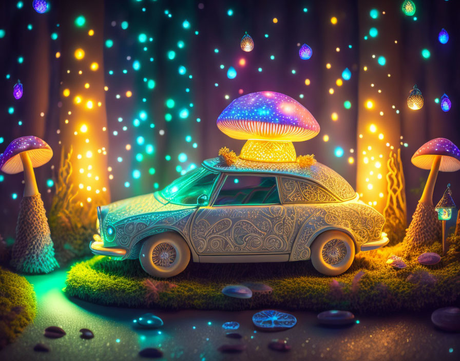 Vintage car under glowing mushroom in whimsical scene