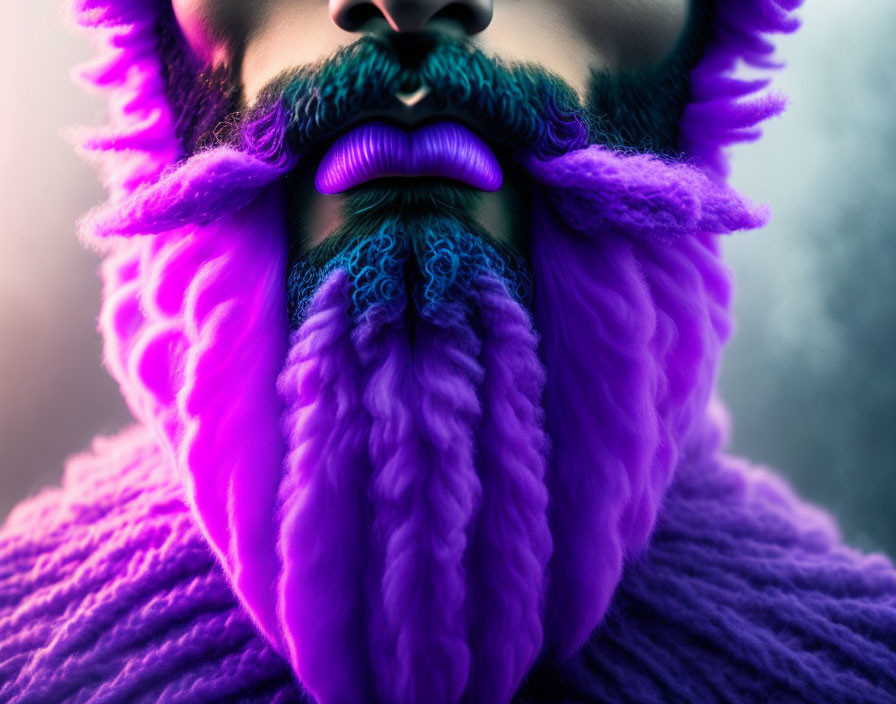 Vibrant purple beard and mustache against misty background