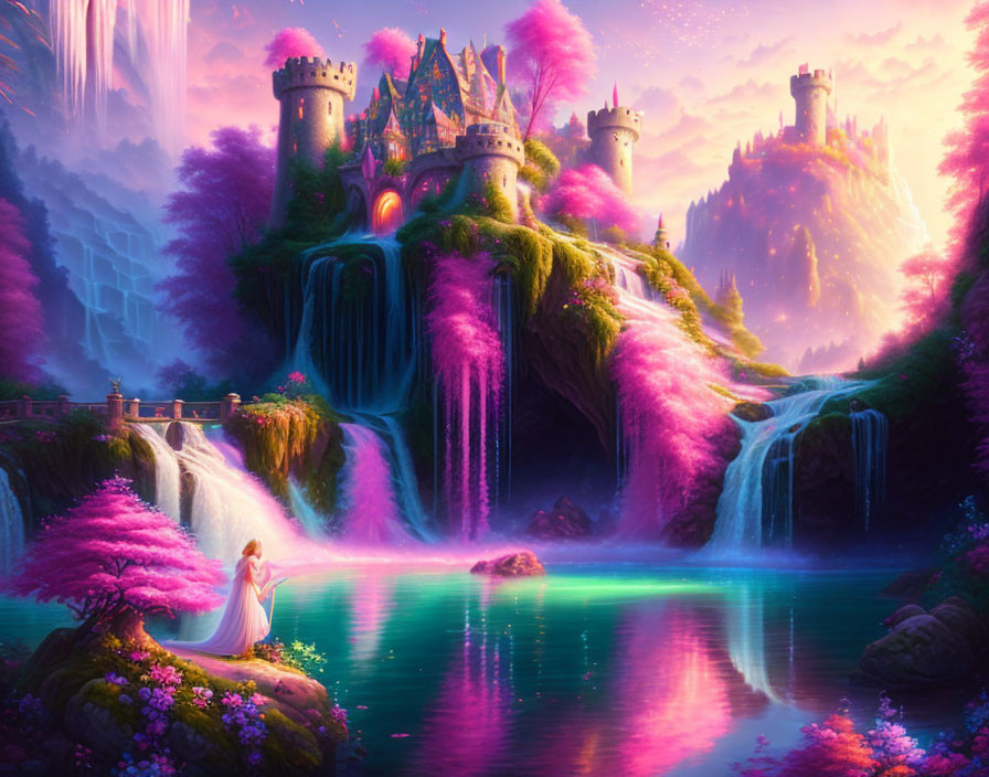 Fantastical landscape with pink foliage, waterfalls, castle, and woman by lake