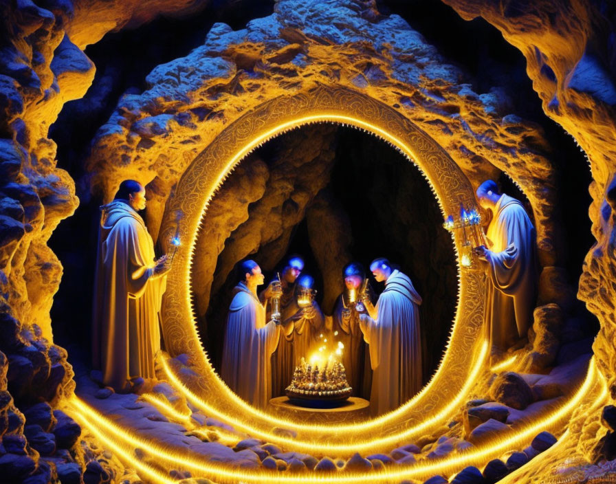 Hooded figures with candles in ornate glowing cave