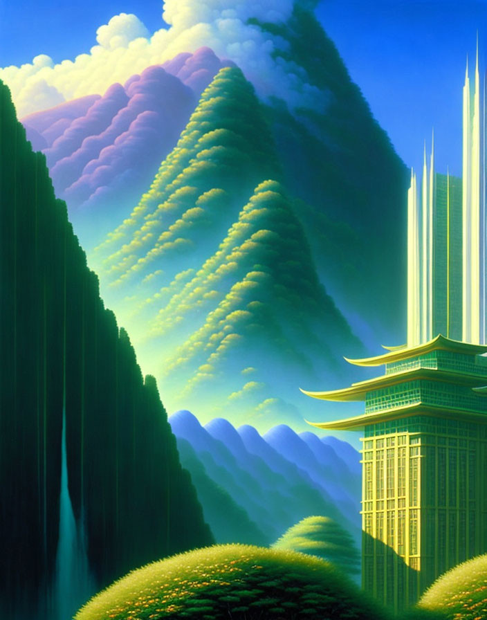 Majestic green mountains and futuristic cityscape in serene landscape