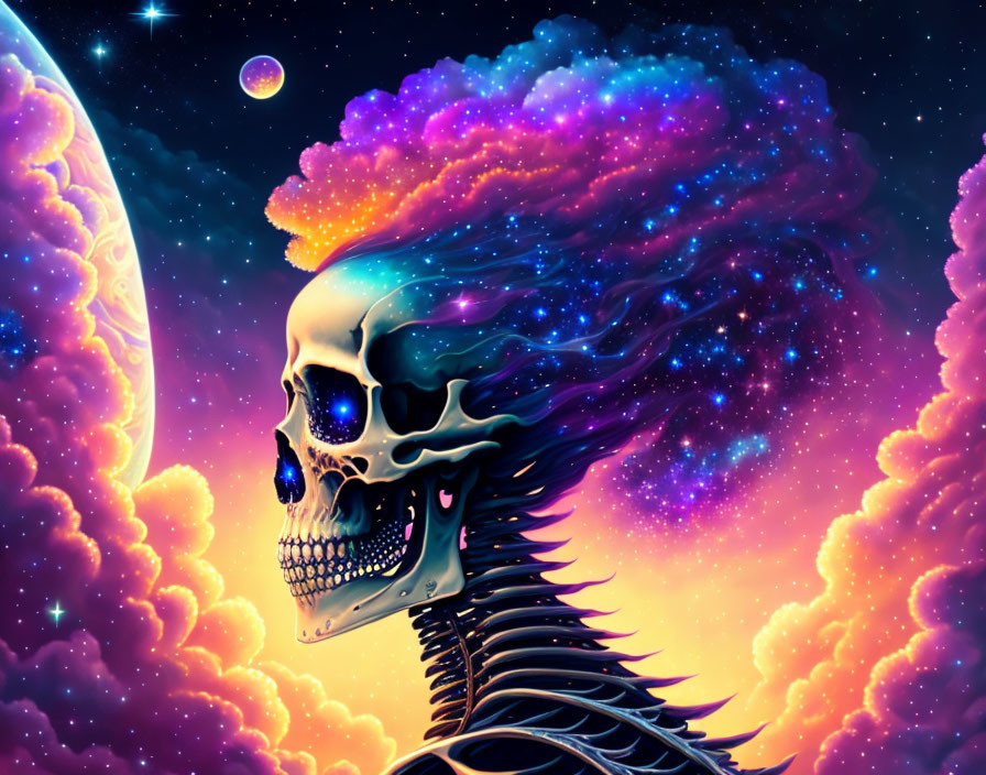 Colorful Skeleton Digital Artwork with Cosmic Background