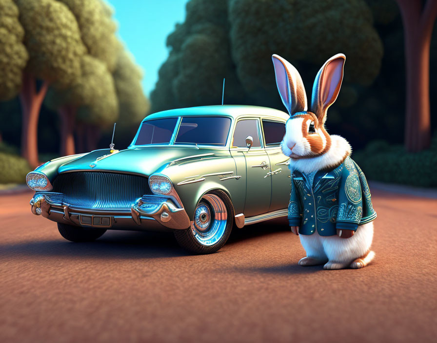 Stylish rabbit in jacket by classic car on tree-lined road