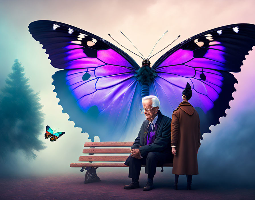 Elderly man, giant purple butterfly, and mysterious figure in surreal scene