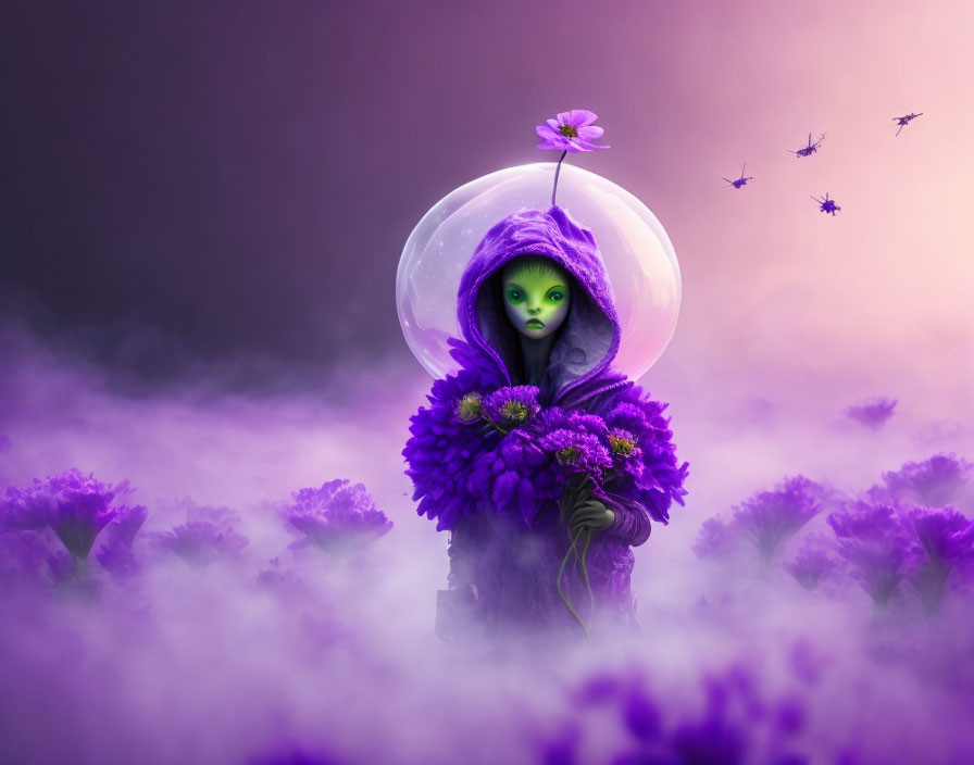 Green-eyed figure in purple attire with flowers in misty purple field and butterflies under protective dome